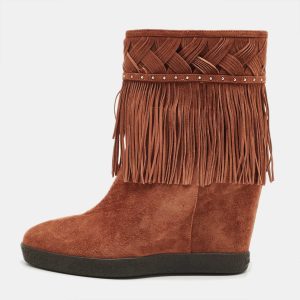 Le Silla Brown Suede Fringe Wedge Ankle Length Boots Size 36, Boots - Luxury Closet