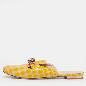 Le Silla Yellow Croc Embossed Patent Leather Crystal Embellished Chain Flat Mules Size 37, Flats - Luxury Closet