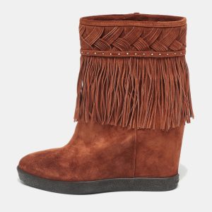 Le Silla Brown Suede Fringe Wedge Ankle Boots Size 37.5, Boots - Luxury Closet