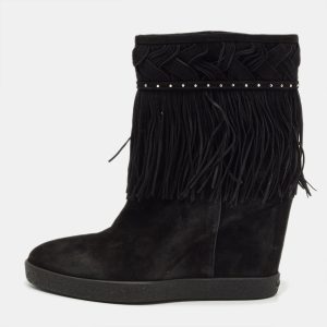 Le Silla Black Suede Fringe Wedge Ankle Boots Size 37, Boots - Luxury Closet