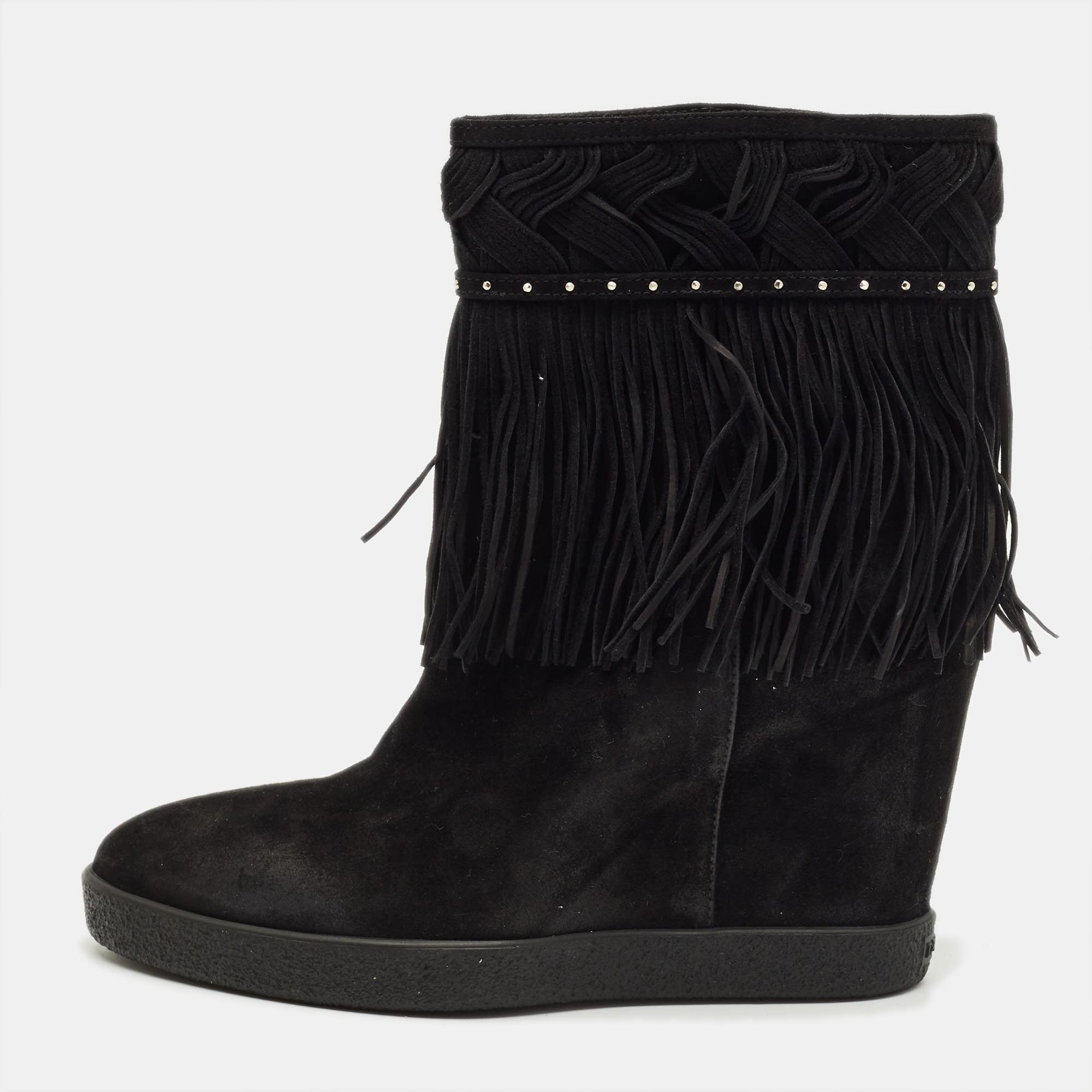 Le Silla Black Suede Fringe Wedge Ankle Boots Size 37, Boots - Luxury Closet