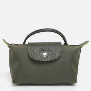 Longchamp Olive Green Leather and Nylon Le Pliage Pouch, Clutches & Special Occasion Bags - Luxury Closet
