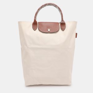 Longchamp Light Beige/Brown Nylon and Leather Le Pliage M Tote, Tote Handbags - Luxury Closet