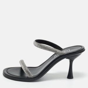 Loriblu Silver/Black Crystals and Leather Dual Stiletto Heel Slide Sandals Size 38, Sandals - Luxury Closet
