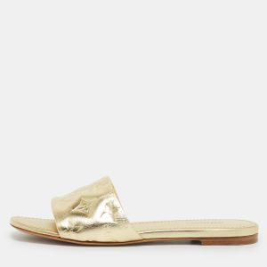 Louis Vuitton Gold Monogram Embossed Leather Revival Flat Slides Size 37.5, Flats - Luxury Closet
