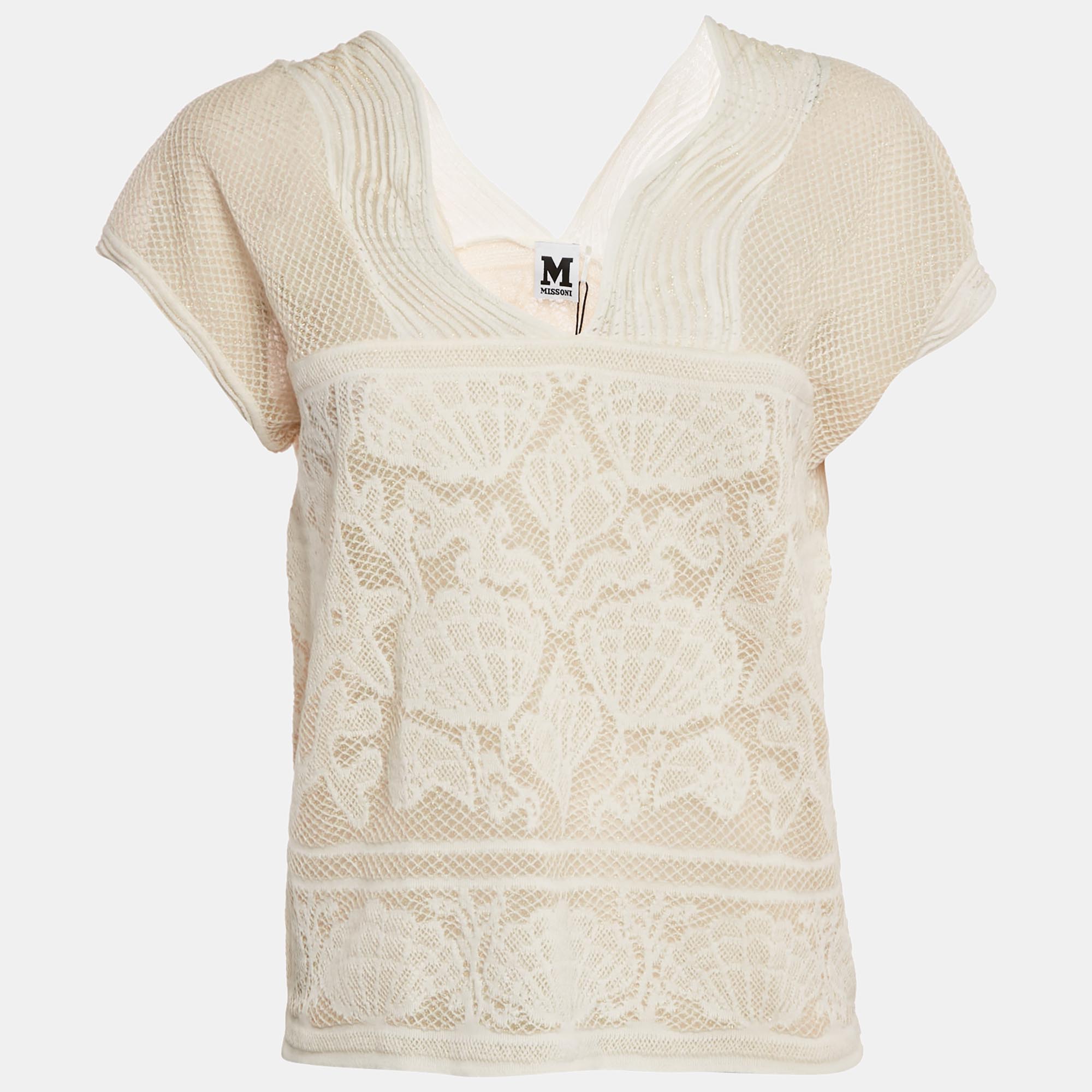 M Missoni White Seashell Pattern Lurex Knit V-Neck Top M, Shirts & Tops - Luxury Closet