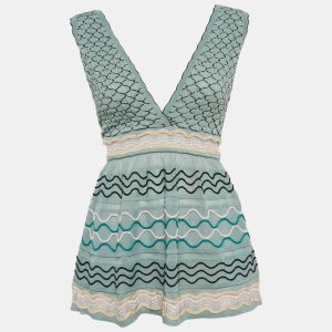 M Missoni Blue Patterned Knit V-Neck Flared Top L, Shirts & Tops - Luxury Closet