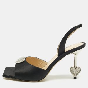 Mach & Mach Black Satin Heart Crystal Slingback Sandals Size 38.5, Sandals - Luxury Closet