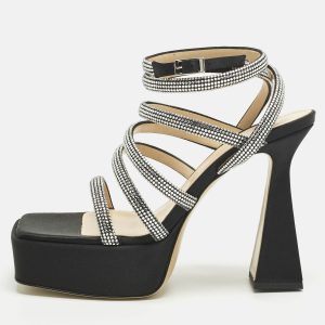Mach & Mach Black Satin Sydney Crystal Embellished Platform Sandals Size 40, Sandals - Luxury Closet