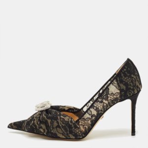 Mach & Mach Black Lace Draped Double Heart Pumps Size 38, Pumps - Luxury Closet