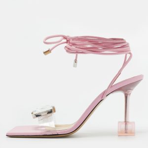 Mach & Mach Size 38 Transparent/Pink Leather and PVC Crystal Square Ankle Wrap Sandals, Sandals - Luxury Closet