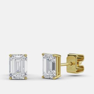 5.00 Ct Emerald 14K Yellow Gold Lab Grown Diamond Solitaire 4 Prong Earring, Earrings - Luxury Closet