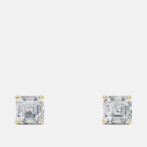 5.00 Ct Asscher 14K Yellow Gold Lab Grown Diamond Solitaire 4 Prong Earring, Earrings - Luxury Closet