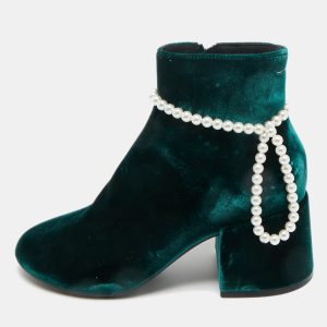 Maison Martin Margiela Green Velvet Faux Pearl Ankle Length Boots Size 36.5, Boots - Luxury Closet