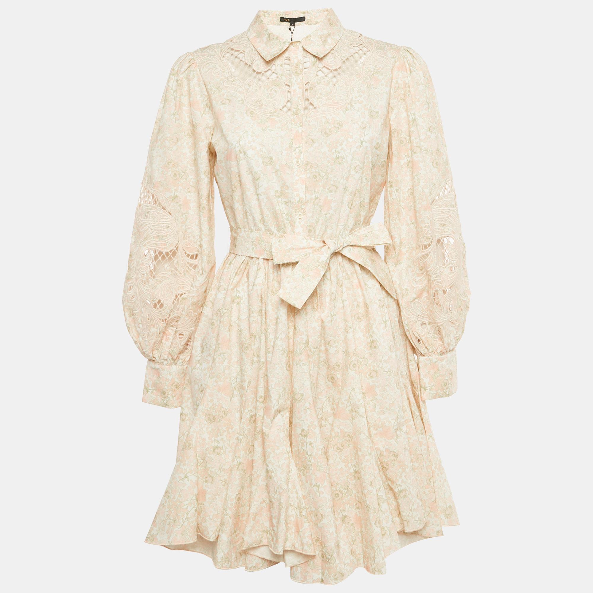 Maje Pink Floral Print Cotton Belted Rebelia Mini Dress S, Dresses - Luxury Closet