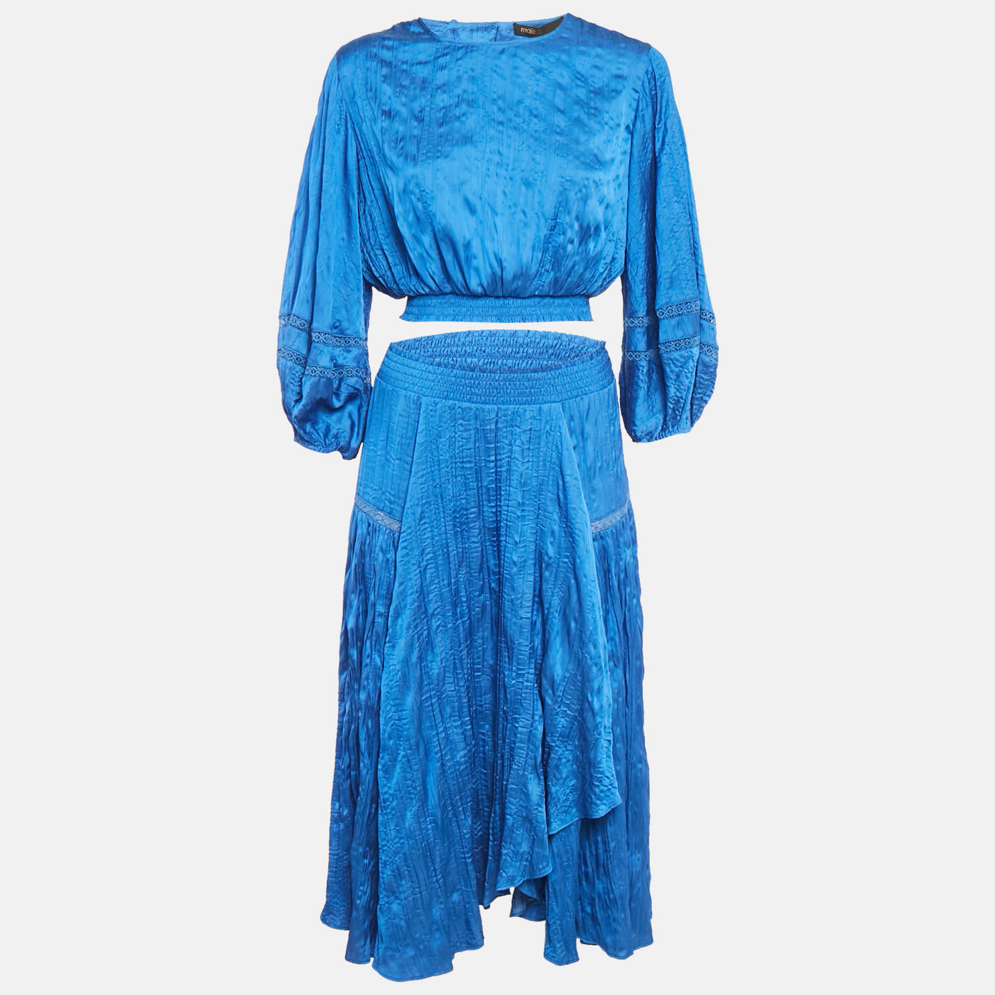 Maje Blue Crepe Lace Trimmed Top and Skirt Set M/S, Suits - Luxury Closet