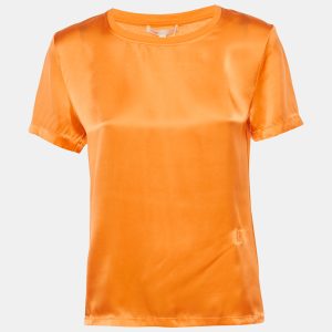Maje Orange Logo Embroidered Silk T-Shirt S, Shirts & Tops - Luxury Closet