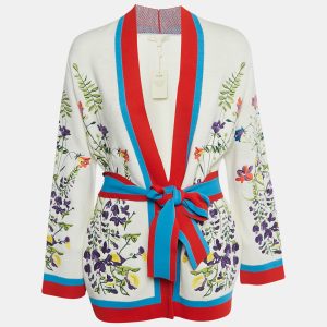 Maje White Floral Embroidered Stretch Knit Cardigan S, Sweaters & Cardigans - Luxury Closet