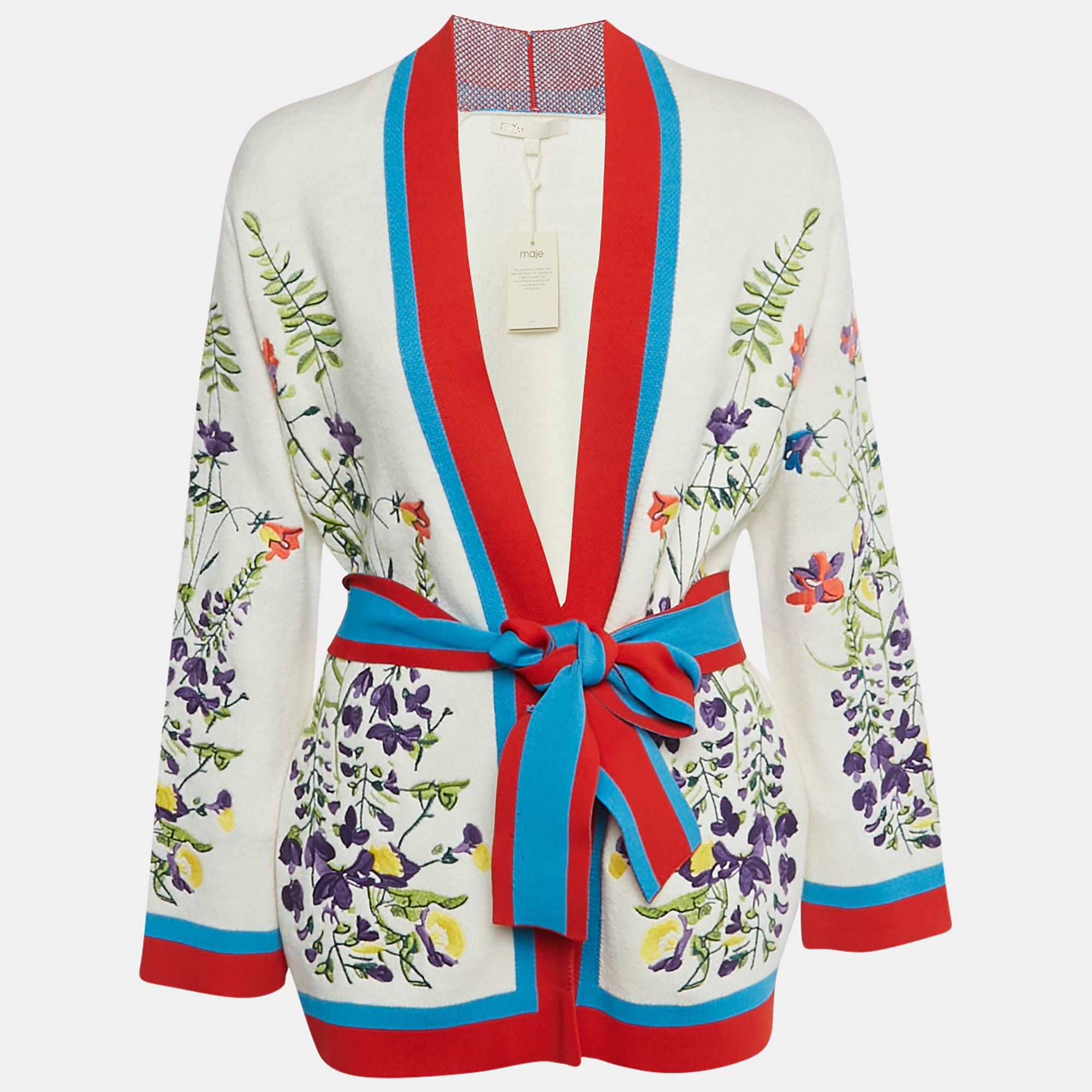 Maje White Floral Embroidered Stretch Knit Cardigan S, Sweaters & Cardigans - Luxury Closet