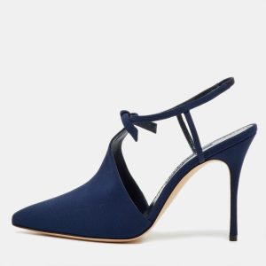 Manolo Blahnik Navy Blue Fabric Corintia Bow Pointed Toe Slingback Mules Size 38.5, Sandals - Luxury Closet
