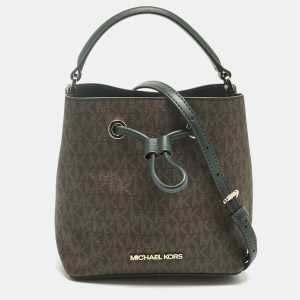 Michael Kors Brown/Dark Green Signature Canvas Suri Drawstring Bucket Bag, Handbags - Luxury Closet
