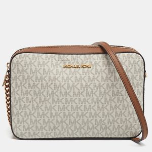 Michael Kors White/Brown Signature Coated Canvas and Leather Large East West Jet Set Crossbody Bag, Handbags - Luxury Closet
