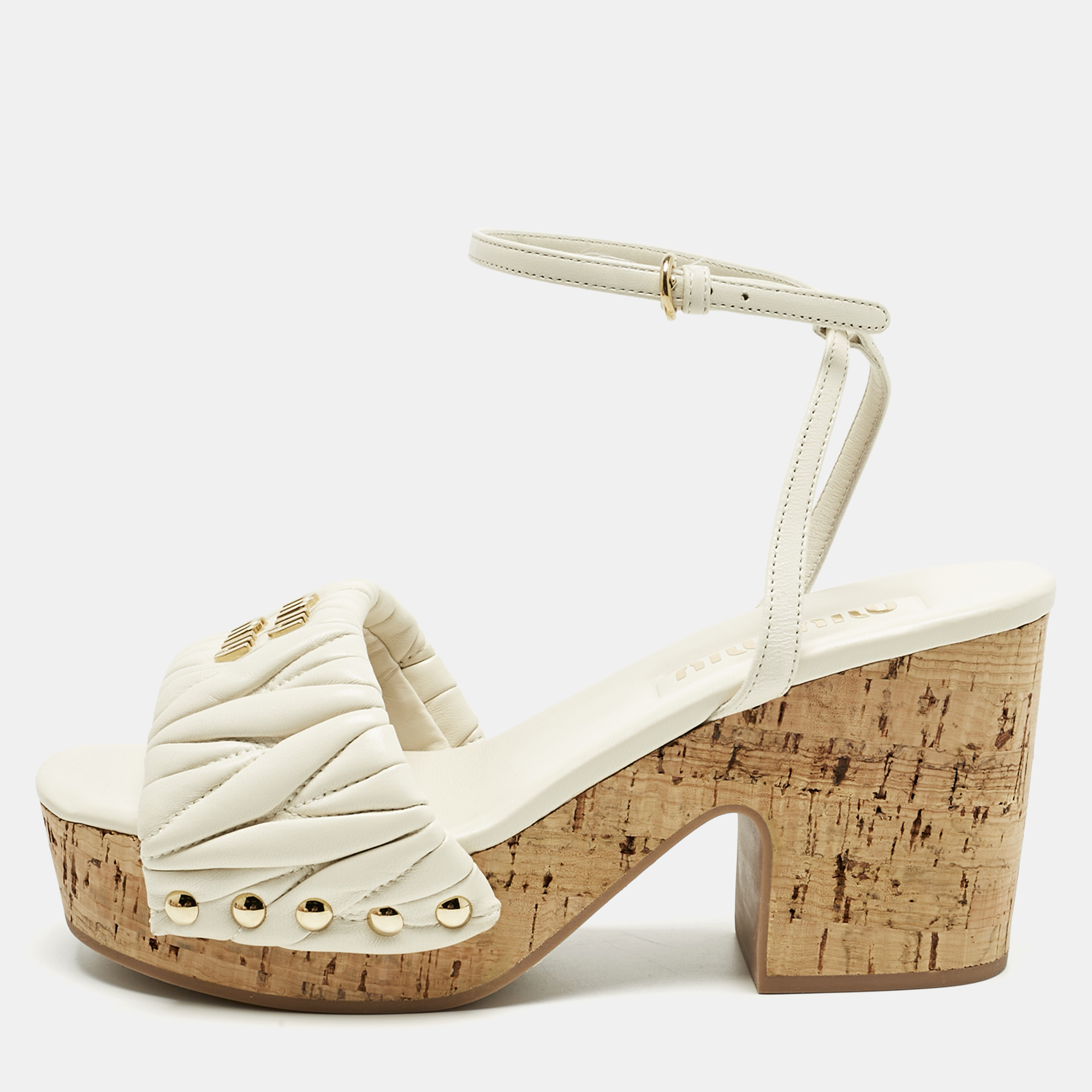 Miu Miu White Leather Ankle Strap Cork Sandals Size 36.5, Sandals - Luxury Closet