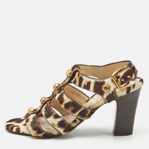 Miu Miu Brown/Beige Calf Hair Studded Strappy Sandals Size 35.5, Sandals - Luxury Closet