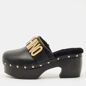 Moschino Black Leather Logo Clogs Size 37, Sandals - Luxury Closet