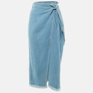 Nanushka Blue Washed Denim Frayed Opal Wrap Midi Skirt L, Skirts - Luxury Closet