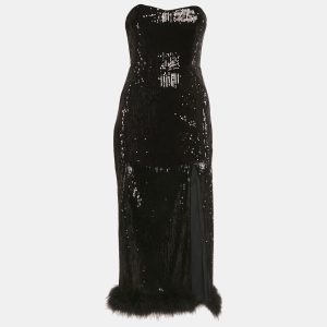 NBD Black Sequin Strapless Feather Trim Kalindi Midi Dress XS, Dresses - Luxury Closet