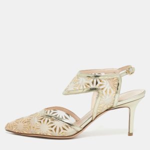 Nicholas Kirkwood Gold/Beige Leather and Mesh Leda Slingback Pumps Size 36, Pumps - Luxury Closet
