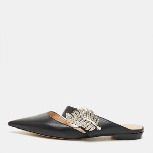 Nicholas Kirkwood Black Leather Crystal Embellished Monstera Flat Mules Size 37, Flats - Luxury Closet