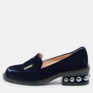 Nicholas Kirkwood Navy Blue Velvet Pearl Embellish Loafers Size 36.5, Loafers & Slip-Ons - Luxury Closet