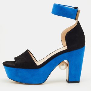 Nicholas Kirkwood Black/Blue Suede Platform Ankle Strap Sandals Size 36.5, Sandals - Luxury Closet