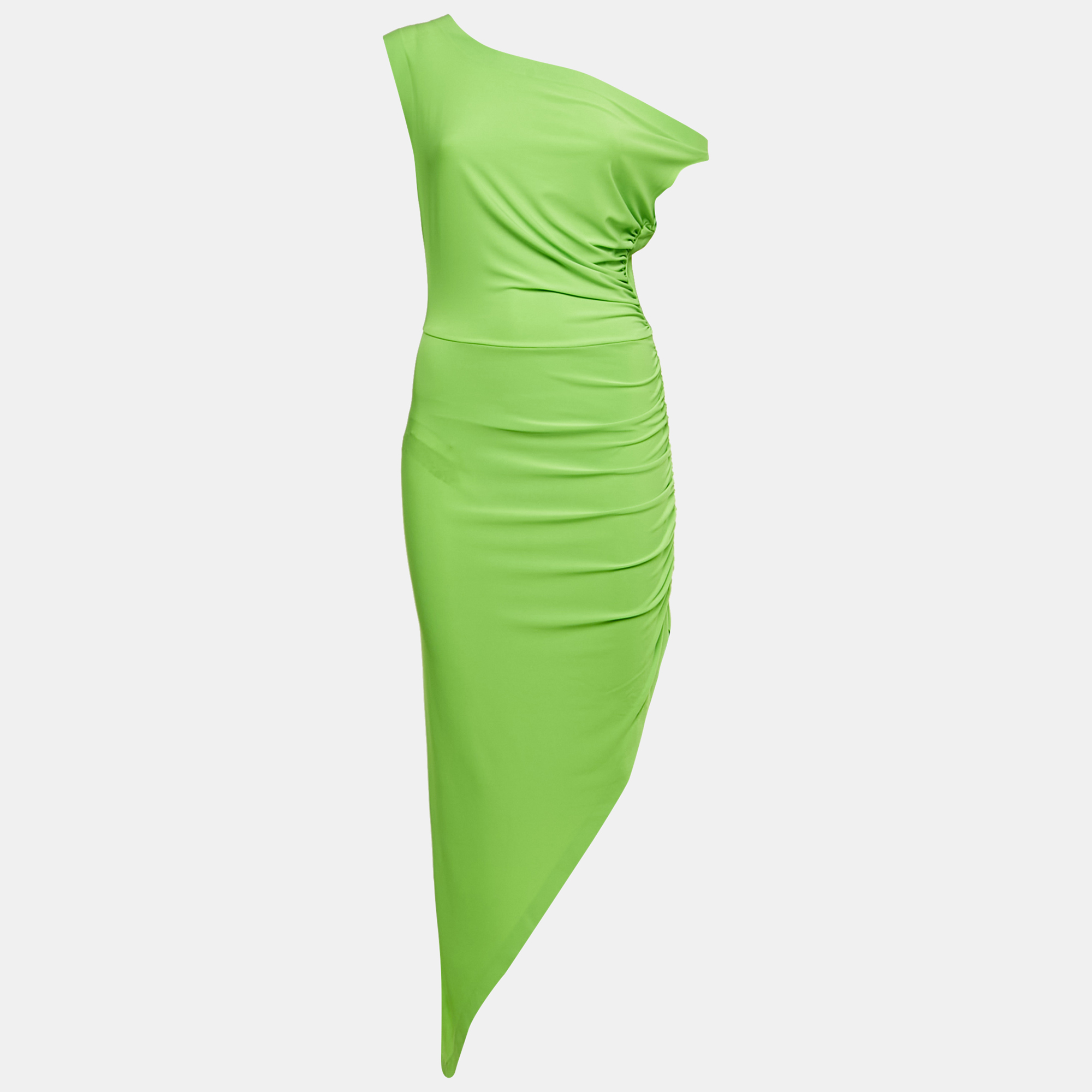 Norma Kamali Neon Green Jersey Ruched One-Should Dress M, Dresses - Luxury Closet