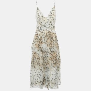 Notte By Marchesa Beige Leaf Appliqu&eacute; Tulle Tiered Midi Dress XL, Dresses - Luxury Closet