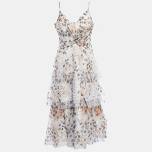 Notte By Marchesa White Printed Tulle Tiered Midi Dress L, Dresses - Luxury Closet