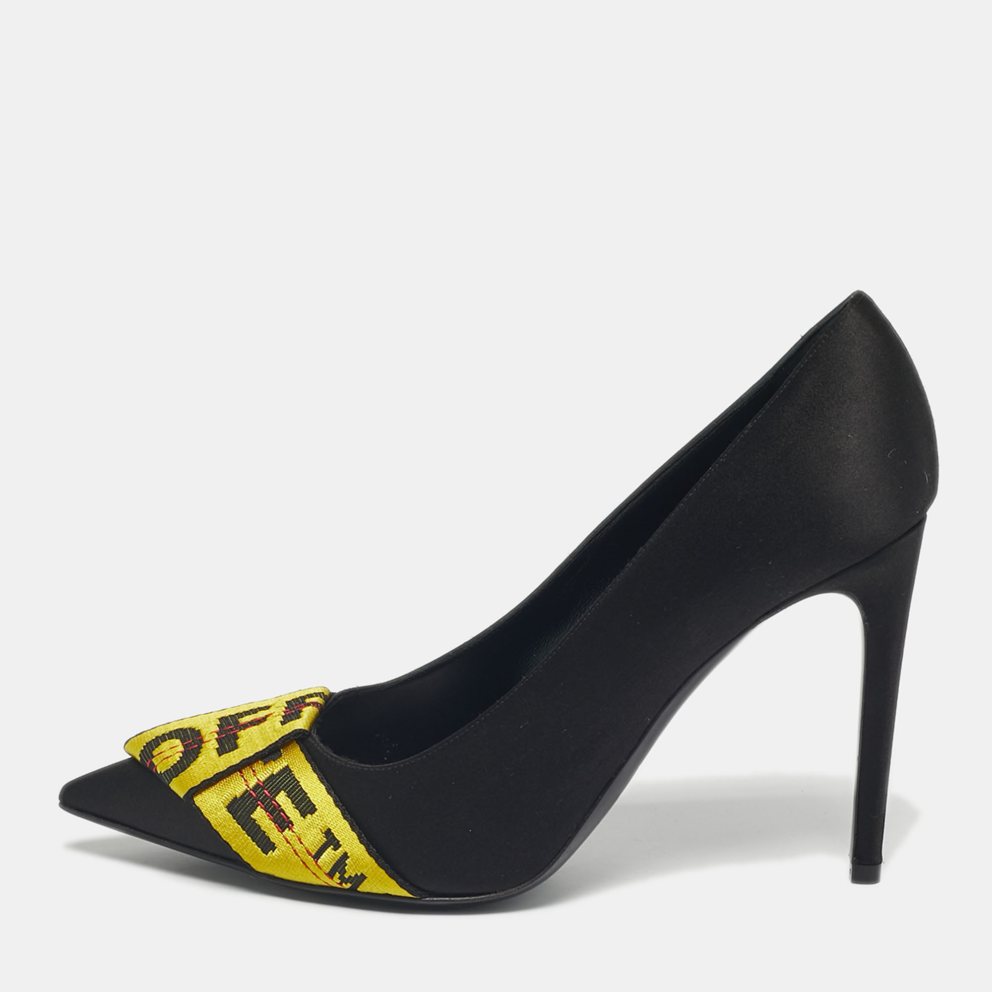 Off-White Black/Yellow Satin and Logo Canvas Commercial Bow Pumps Size 39, Pumps - Luxury Closet