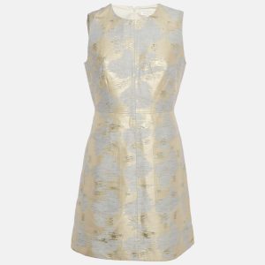 Paule Ka Grey/Cream Lurex Jacquard Mini Dress M, Dresses - Luxury Closet