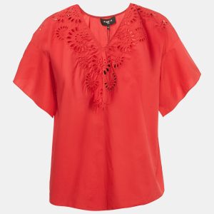 Paule Ka Red Embroidered Cotton Blouse L, Shirts & Tops - Luxury Closet
