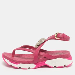 Philipp Plein Pink Leather Crystal Skull Flat Sandals Size 36, Sandals - Luxury Closet