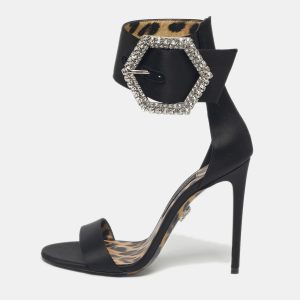 Philipp Plein Black Satin Crystal Embellish Ankle Strap Sandals Size 38, Sandals - Luxury Closet