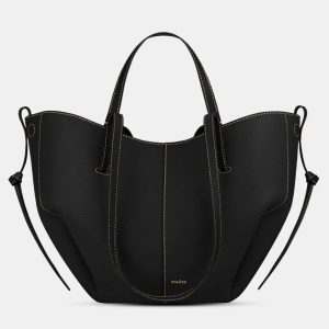 Polene Cyme Mini Grained Black Edition with Ecru Stitching Calfskin Leather Shoulder Bag, Satchels - Luxury Closet