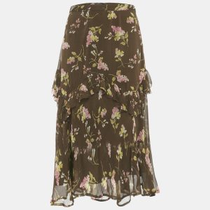 Polo Ralph Lauren Brown Floral Print Chiffon Ruffled Midi Skirt M, Skirts - Luxury Closet