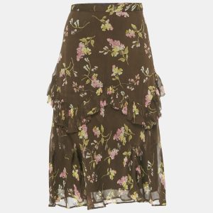 Polo Ralph Lauren Brown Floral Print Chiffon Ruffled Midi Skirt S, Skirts - Luxury Closet