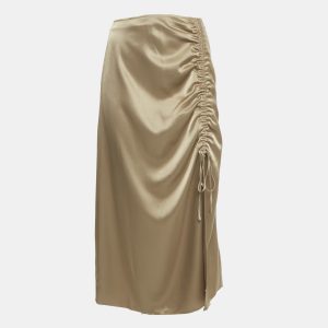 Polo Ralph Lauren Gold Satin Ruched Slit Detail Midi Skirt S, Skirts - Luxury Closet