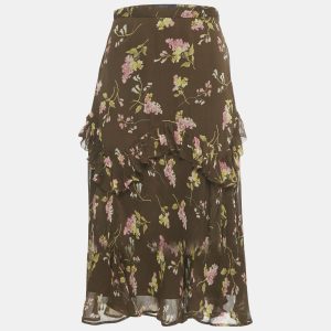 Polo Ralph Lauren Brown Floral Print Chiffon Ruffled Midi Skirt S, Skirts - Luxury Closet
