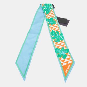 Prada Blue/Orange Triangle Hibiscus Print Silk Bandeau Scarf, Scarves & Shawls - Luxury Closet