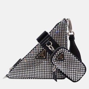 Prada Triangle Small Black Satin Crystal Shoulder Bag, Shoulder Bags - Luxury Closet